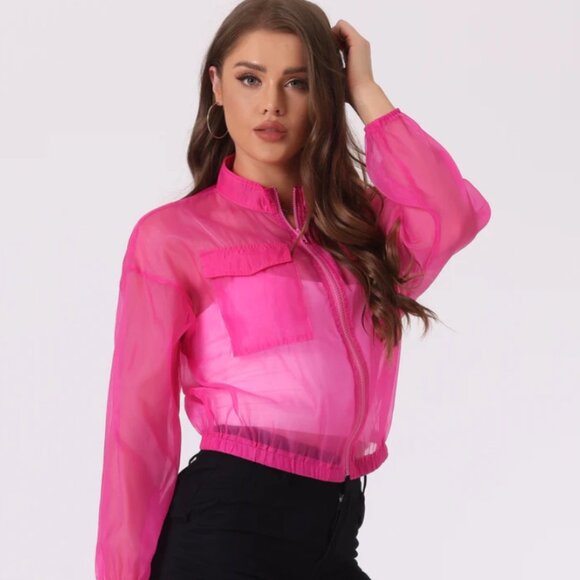 Madelyn Hot Pink Sheer Mesh Zip-Up Bomber Jacket – Size Large | NWOT Lightweight - Picture 2 of 9